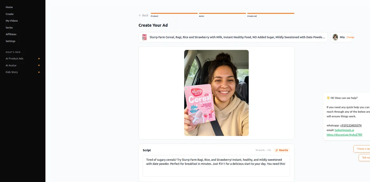 Avatar Mia presenting the product with a generated ad script